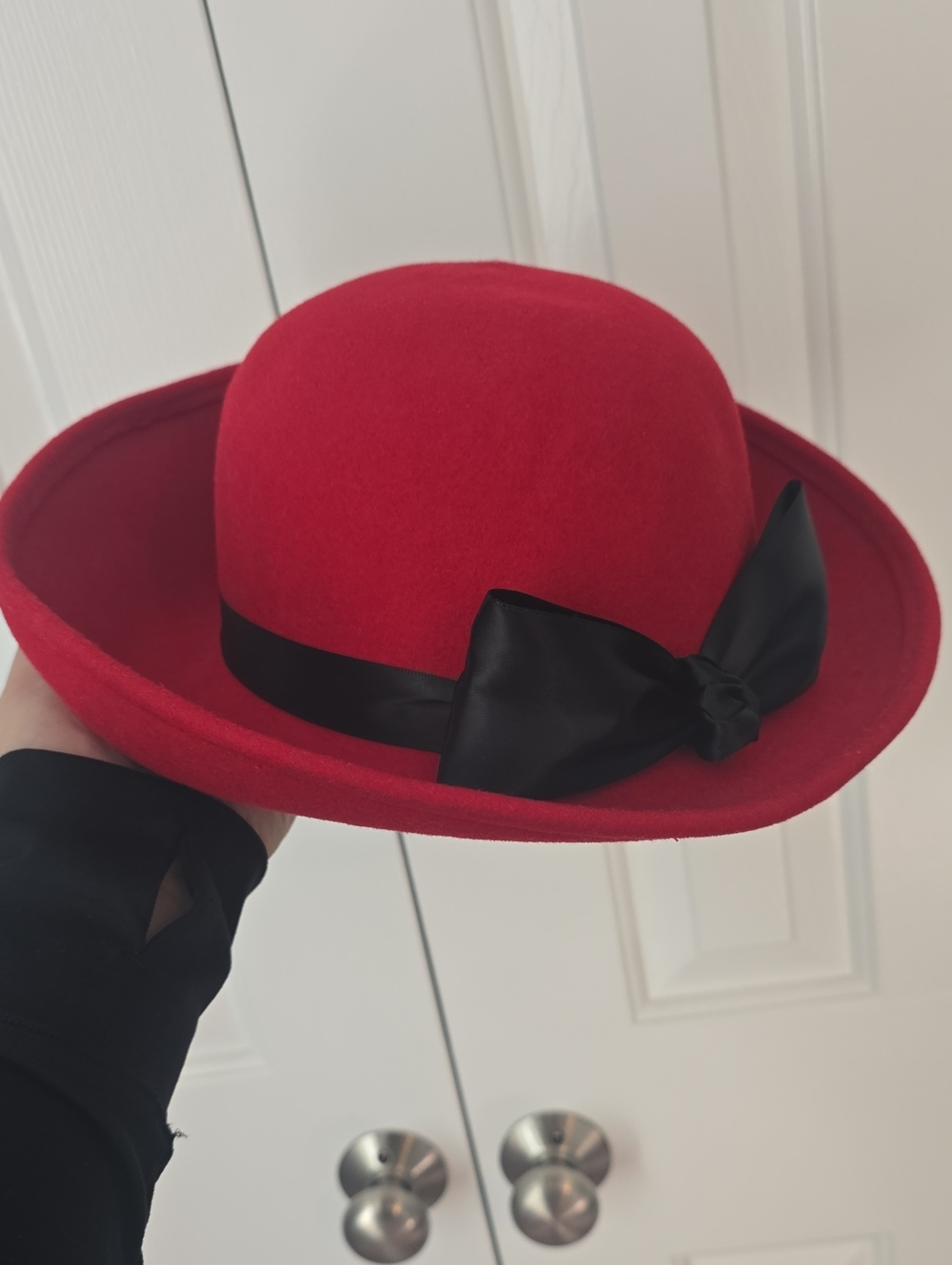 Kathy Jeanne Bowler Hat Red Black Ribbon Vintage Statement Hat